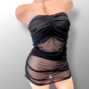 Vintage Y2K Pepper Strapless Black Sheer Ruched tube top minidress sz L NWT